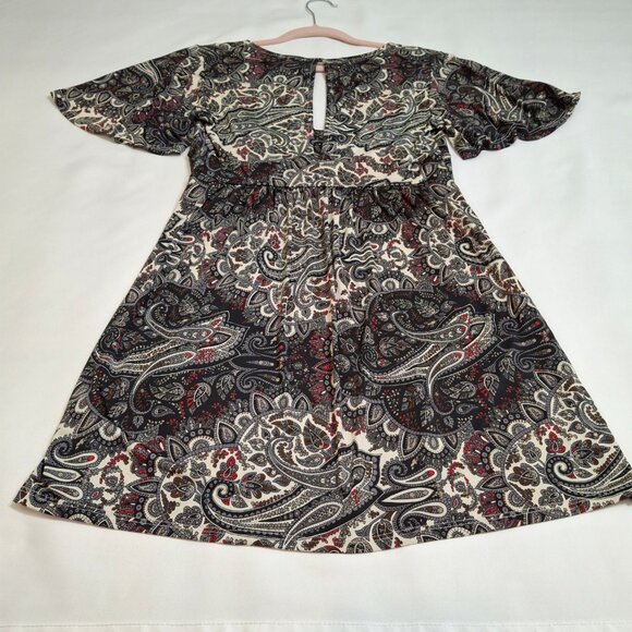 Eoote Grey Pailsley Empire Fit n Flare Mini Dress Size M Stretch Flutter Sleeves - Picture 10 of 16